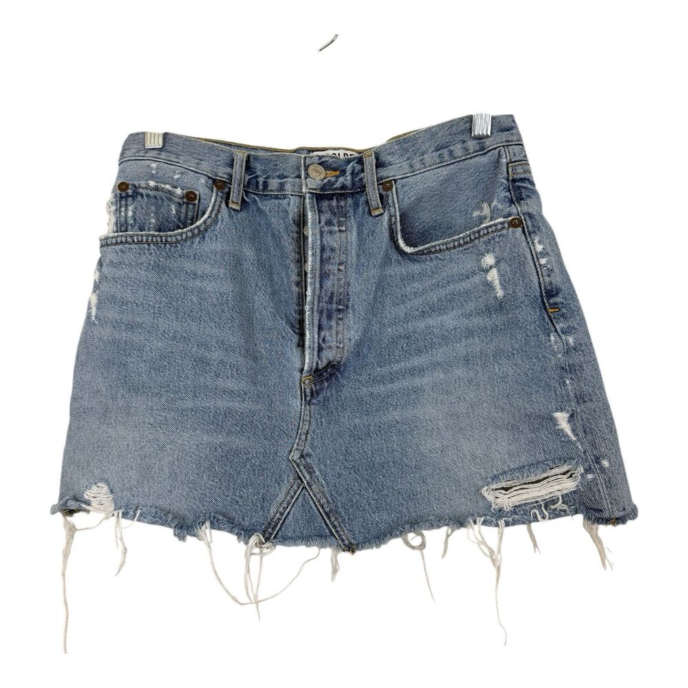 AGOLDE Quinn High Rise Blue Denim Mini Skirt Sz 28 Button Fly Raw Hem Distressed